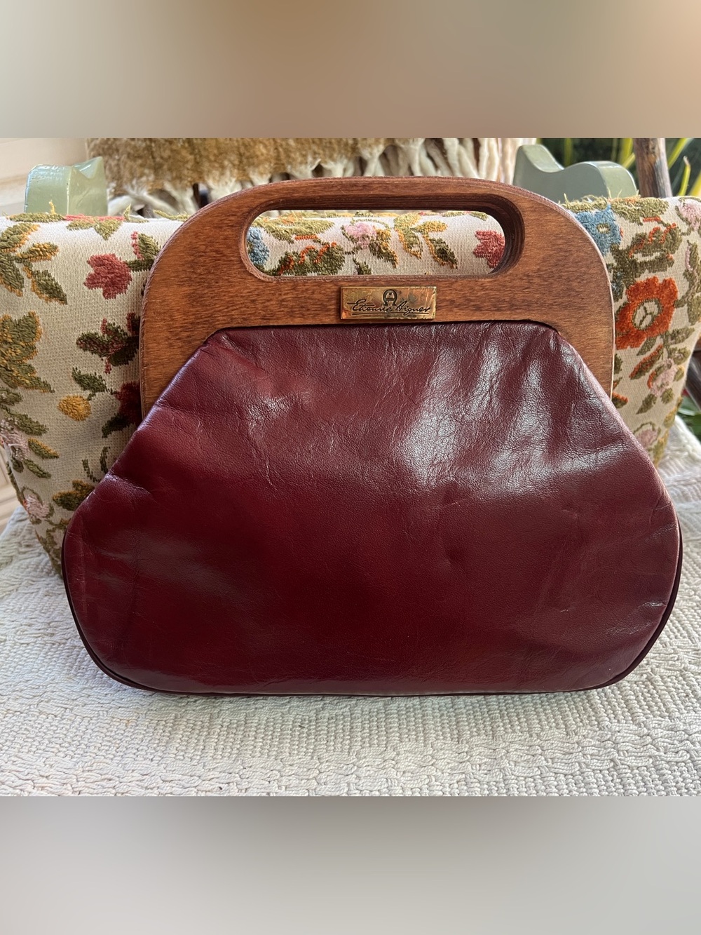 Etienne Aigner Wine Burgundy Leather Clutch with Wooden Handle